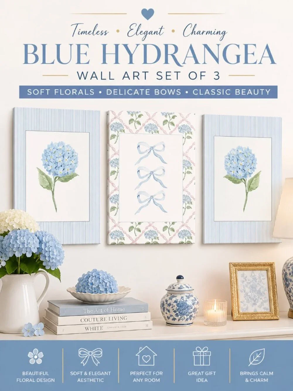 Blue Hydrangea Wall Art Set of 3 Canvas Prints Cottagecore Floral Bow Decor